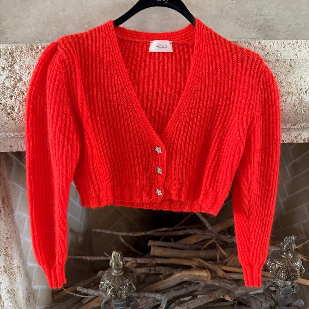 Vicolo Women's Vibrant Red-Orange Cropped Cardigan